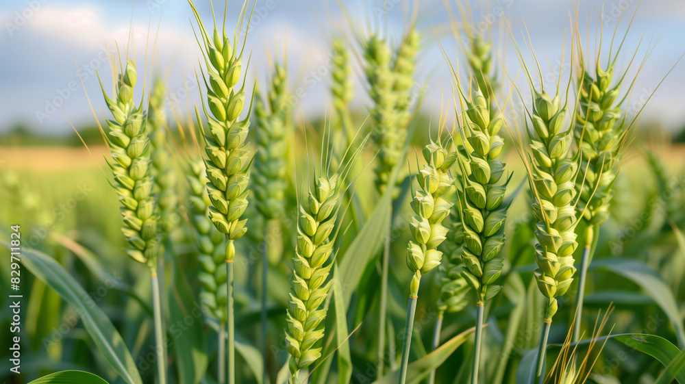A field of green wheat with a few brown spots. The wheat is tall and green. The field is open and expansive, with no signs of human activity. green wheats in field who is growing without any tares