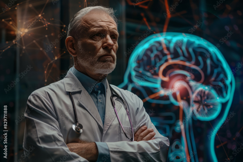 Neurologist standing with arms crossed in front of brain illustration Neurologist standing with arms crossed in front of brain illustration