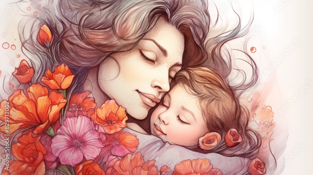 Tender illustration of mother and child in warm embrace surrounded by flowers. Tender illustration of mother and child in warm embrace surrounded by flowers.