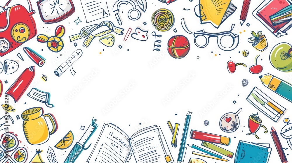 A banner featuring a double border of school supply doodles, viewed from the top against a white background with copy space A banner featuring a double border of school supply doodles, viewed from the top against a white background with copy space