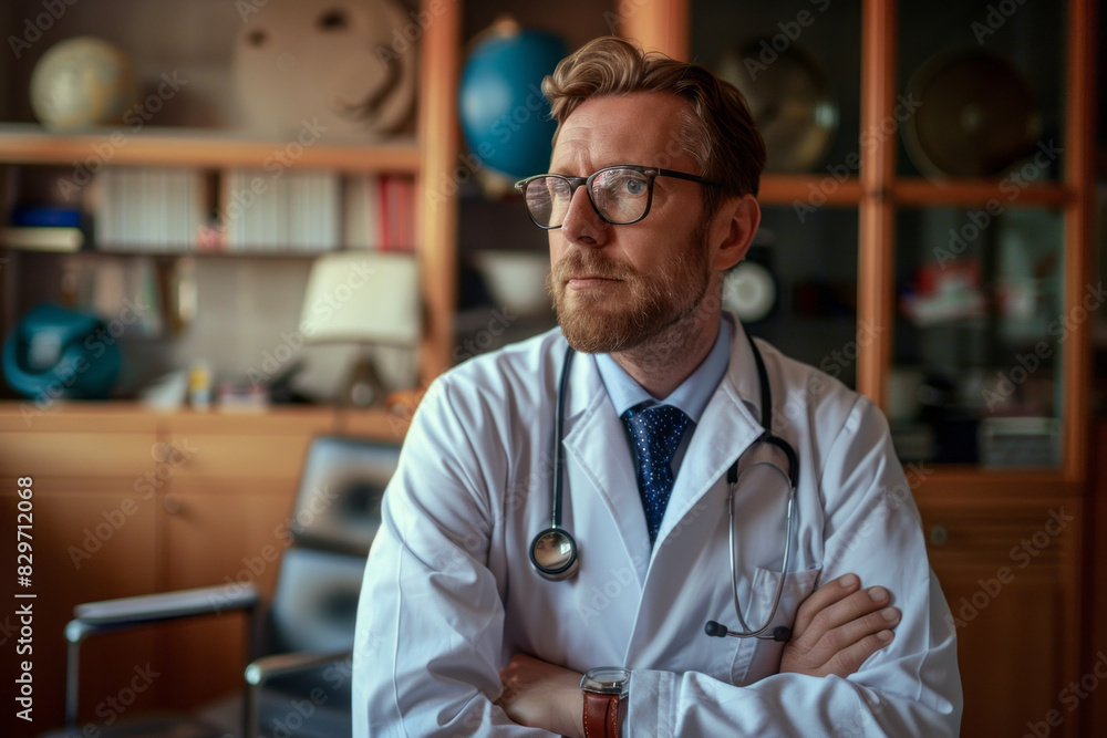 Confident male doctor in office wearing stethoscope and glasses Confident male doctor in office wearing stethoscope and glasses
