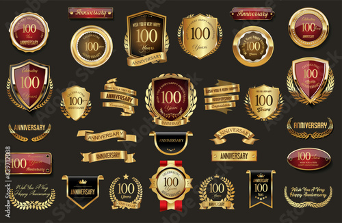 Collection of  Anniversary gold laurel wreath badges and labels vector illustration