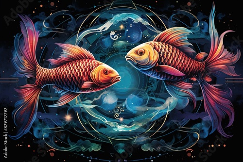 Sign of the zodiac Fishes in vibrant, holographic colors. Mysticism with a touch of surrealism. Astrological sign fish on dark background. Horoscope Pisces.