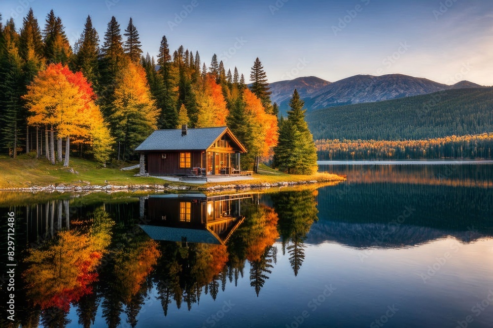 Fototapeta premium Lakeside getaway embraced by the serenity of autumn. A picturesque autumn landscape.