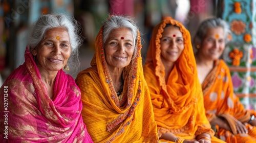 A group of elderly women sharing a joyful moment, dressed in vibrant traditional clothing