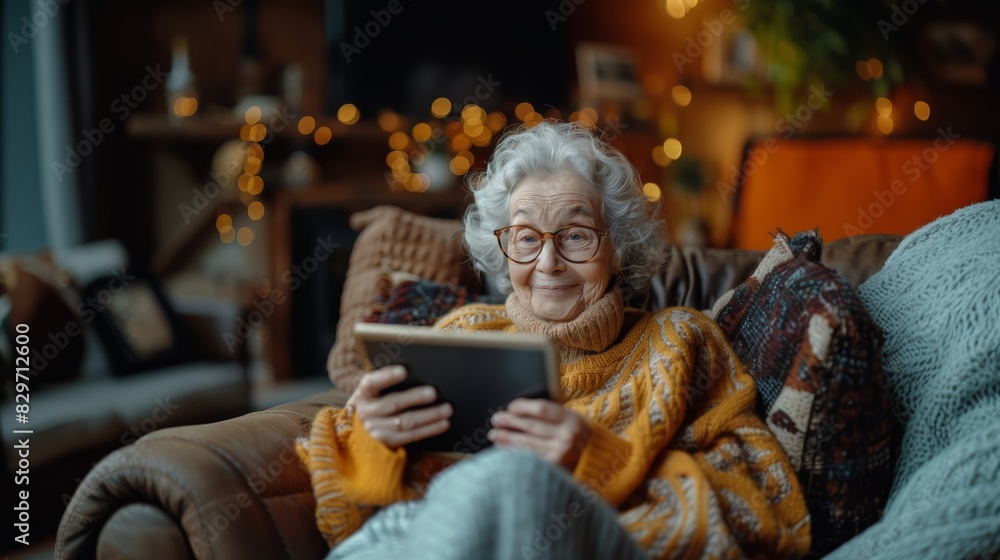 A senior woman with glasses comfortably using a tablet while seated in a cozy home setting A senior woman with glasses comfortably using a tablet while seated in a cozy home setting