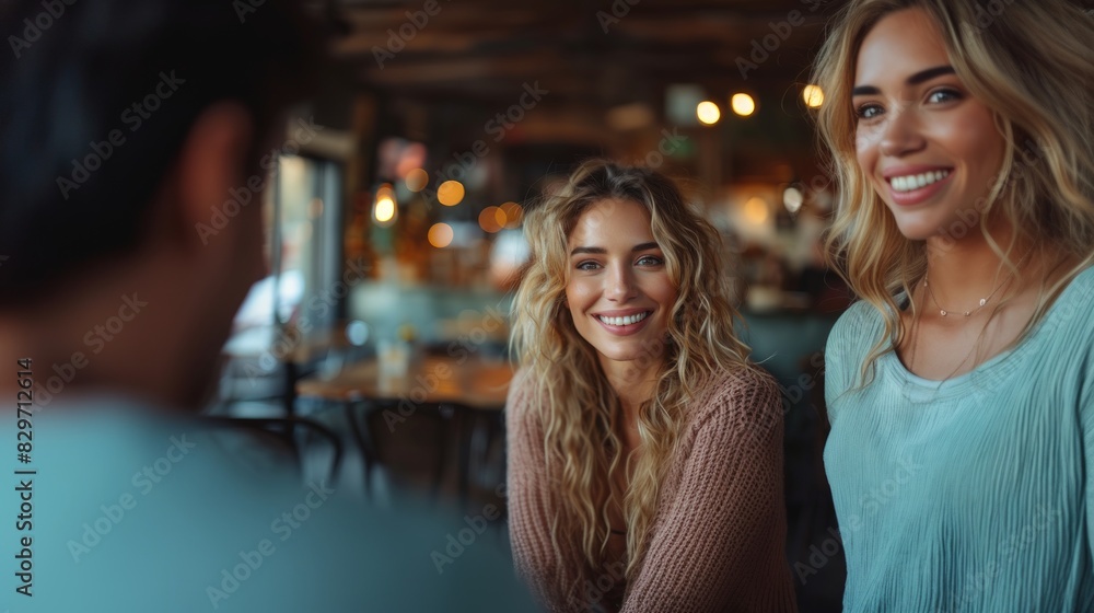 Two smiling women engaged in lively conversation in a relaxed café setting Two smiling women engaged in lively conversation in a relaxed café setting