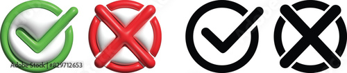 check mark icon button set. check box icon with right and wrong buttons and yes or no checkmark icons in green tick box and red cross. vector and 3D  illustration 