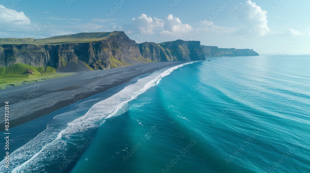 Stunning aerial view of towering cliffs beside a serene black sand beach with ocean waves Stunning aerial view of towering cliffs beside a serene black sand beach with ocean waves