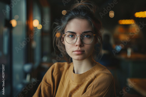 Young woman with glasses in cozy cafe with bokeh background