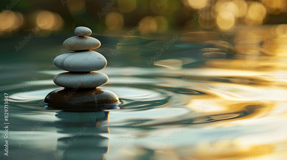Obraz premium Stacked stones on serene water with warm light reflections