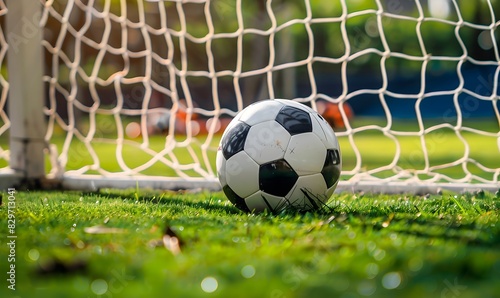 Wallpaper Mural soccer ball in front of a goal net on green grass, Generative AI Torontodigital.ca