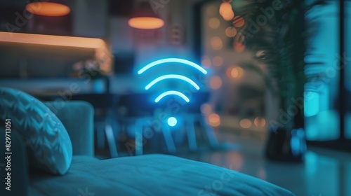 An icon of a digital blue WiFi symbol, symbolizing an extender, indicates connectivity in a smart home setup photo