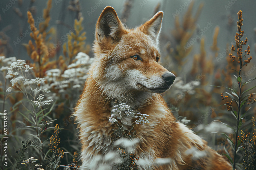 Side profile of a red fox sitting among wildflowers on a foggy day. Wildlife and nature concept. Animal photography for design and print Side profile of a red fox sitting among wildflowers on a foggy day. Wildlife and nature concept. Animal photography for design and print