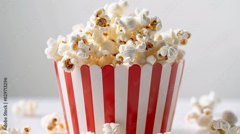 Popcorn in striped bucket on white background Popcorn in striped bucket on white background