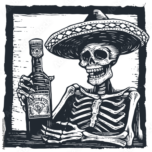 Mexican skeleton in sombrero with a bottle of tequila, vector illustration