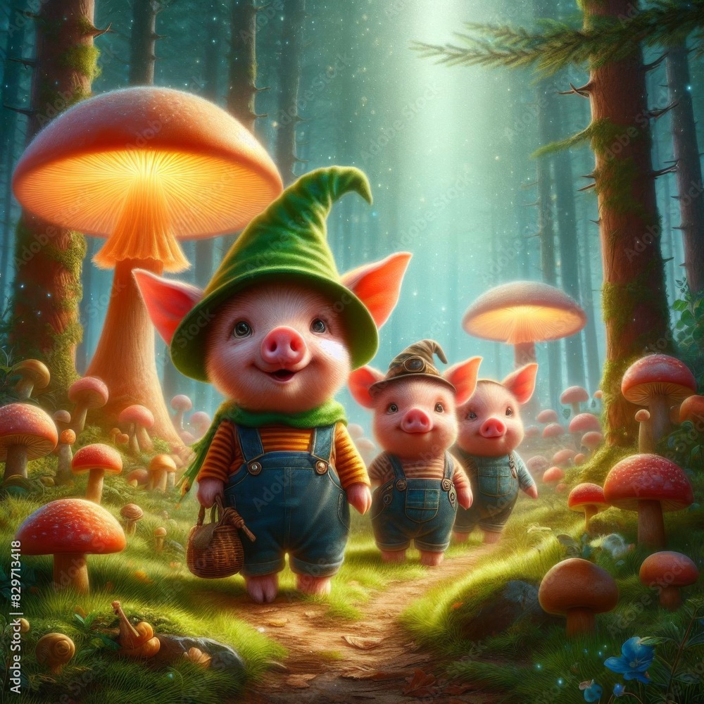 Naklejka premium an illustration of the tale of the wolf and the three little pigs