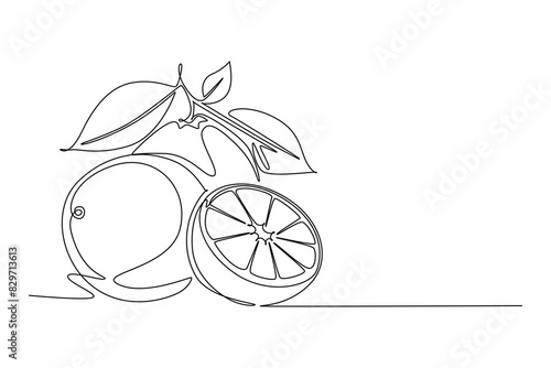 Continuous one line drawing of whole and sliced healthy organic orange for orchard logo identity. Fresh tropical fruitage concept fruit garden icon. Single line draw design vector graphic illustration