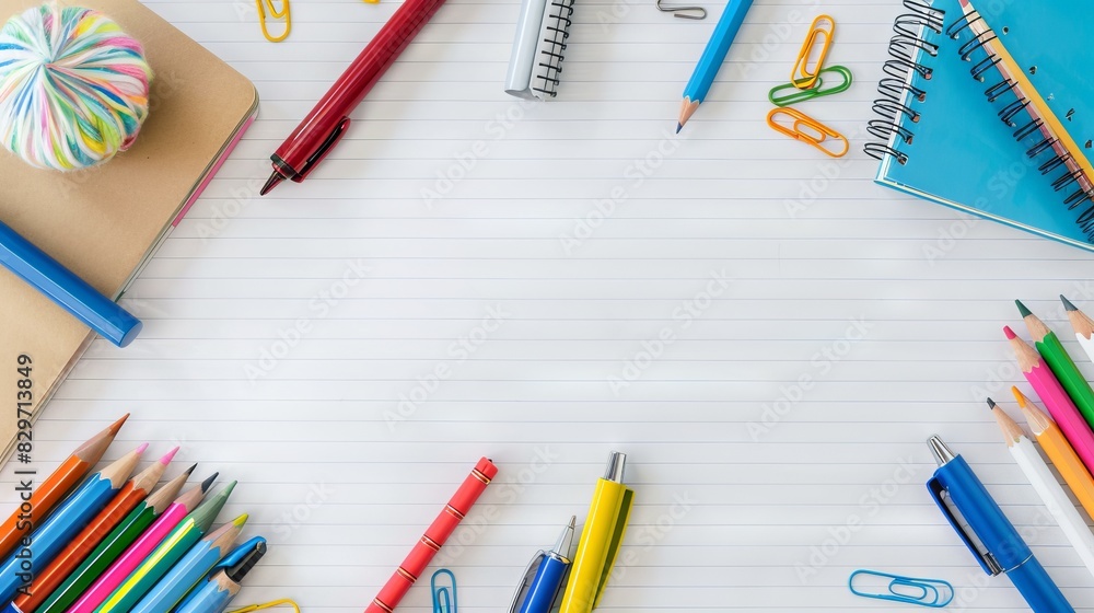School stationery double side border isolated on blank white lined paper background with copy space School stationery double side border isolated on blank white lined paper background with copy space
