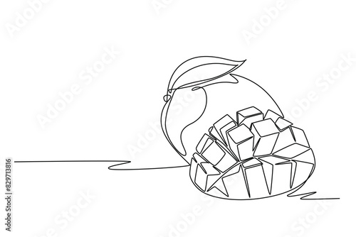 Single one line drawing of whole and sliced healthy organic mangoes for orchard logo identity. Fresh tropical fruitage concept for fruit garden icon. Continuous line design graphic vector illustration