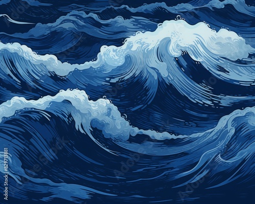 A digital illustration of turbulent ocean waves in varying shades of blue  depicting the power and beauty of the sea.