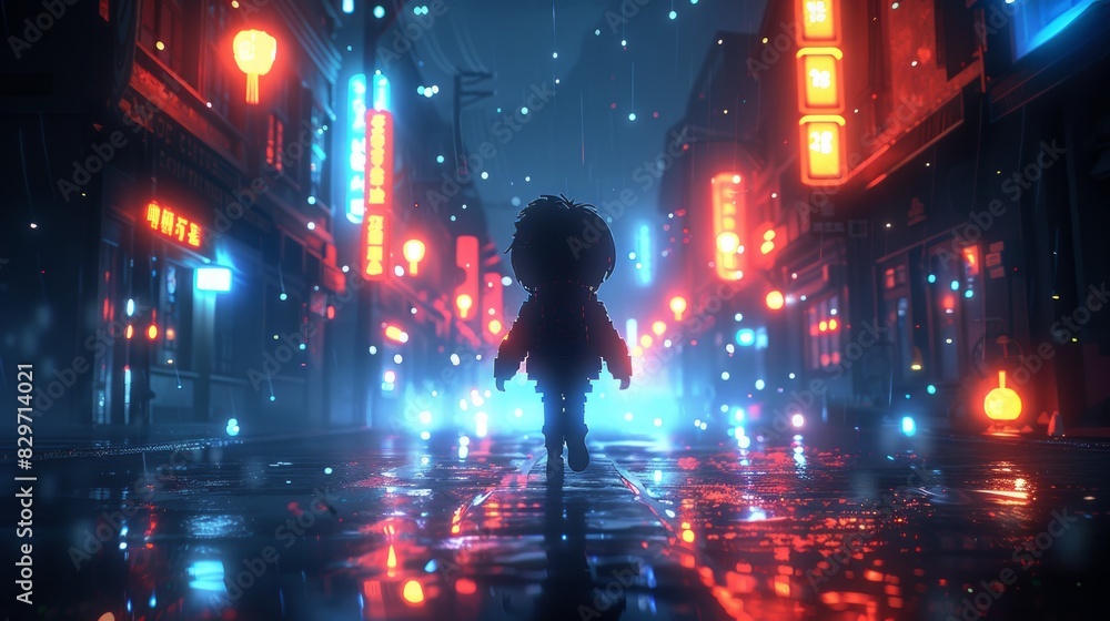 Digital art of a child walking in a cyberpunk-inspired cityscape with neon lights Digital art of a child walking in a cyberpunk-inspired cityscape with neon lights