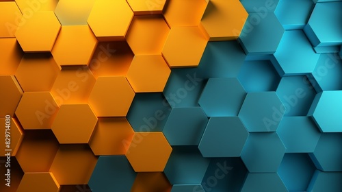 Abstract background with orange and blue hexagonal patterns creating a modern and dynamic 3D geometric design aesthetic. photo