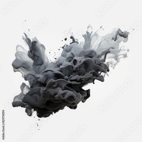 Abstract black and white ink cloud in water, creating dynamic shapes and textures against a clean white background.