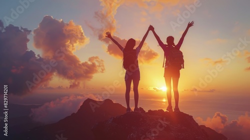 Silhouette of two people holdings hand after hiking into the top of the mountain with sunset view