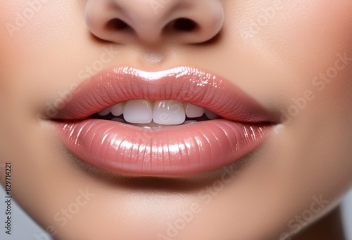 AI generated illustration of a woman's lips with pale pink lipstick and exposed natural teeth