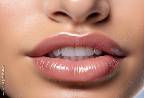 AI generated illustration of woman's lips with light pink lipstick, showcasing natural teeth