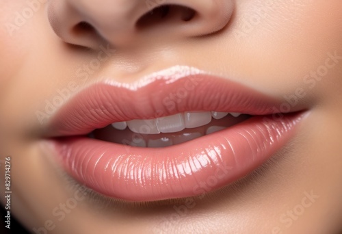 AI generated illustration of woman's lips with light pink lipstick, showcasing natural teeth