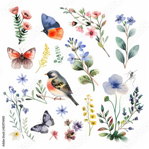 Watercolor Floral Garden Concept with Bird and Butterfly - Ideal for Logos, Weddings, Invitations, Decor, Prints