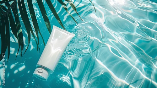 white tube with cosmetic cream in clear blue water under palm