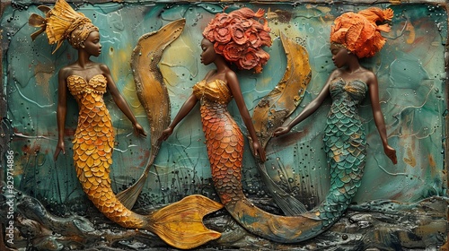 Vibrant, textured mermaid figures in relief with intricate detailing, posing against an abstract background