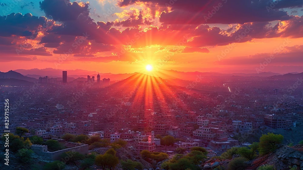 A vibrant sunset beams over a sprawling cityscape, lighting the sky with dynamic hues A vibrant sunset beams over a sprawling cityscape, lighting the sky with dynamic hues