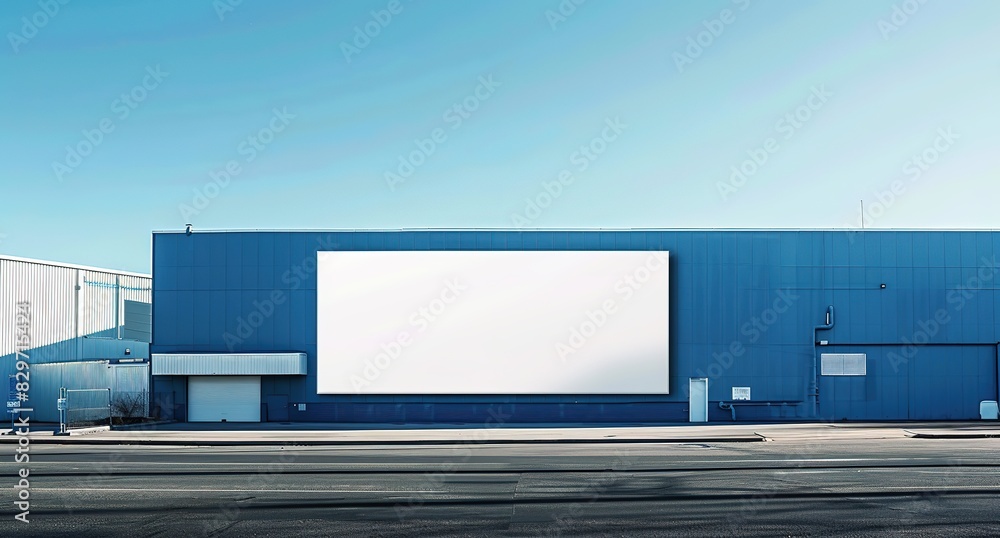 Industrial Building Billboard: Blank White Banner Against Modern Gray Wall Industrial Building Billboard: Blank White Banner Against Modern Gray Wall