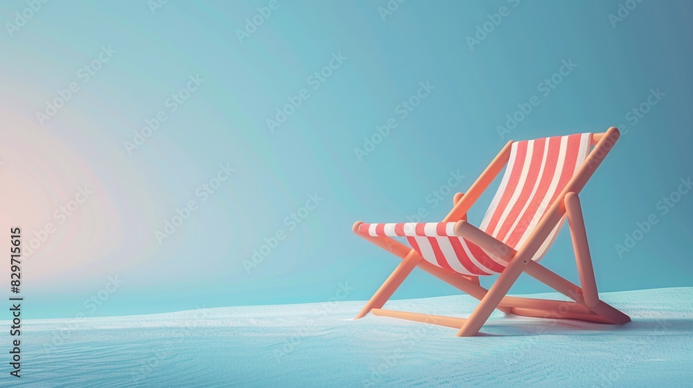 A serene beach scene featuring a wooden deck chair with red and white stripes set against a calm blue sky, perfect for relaxation. A serene beach scene featuring a wooden deck chair with red and white stripes set against a calm blue sky, perfect for relaxation.