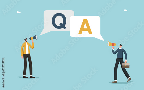 Brainstorming and teamwork for solving problems, questions and answers, FAQ, frequently asked questions, thought process for complex situations, men with loudspeakers under speech bubbles with Q and A