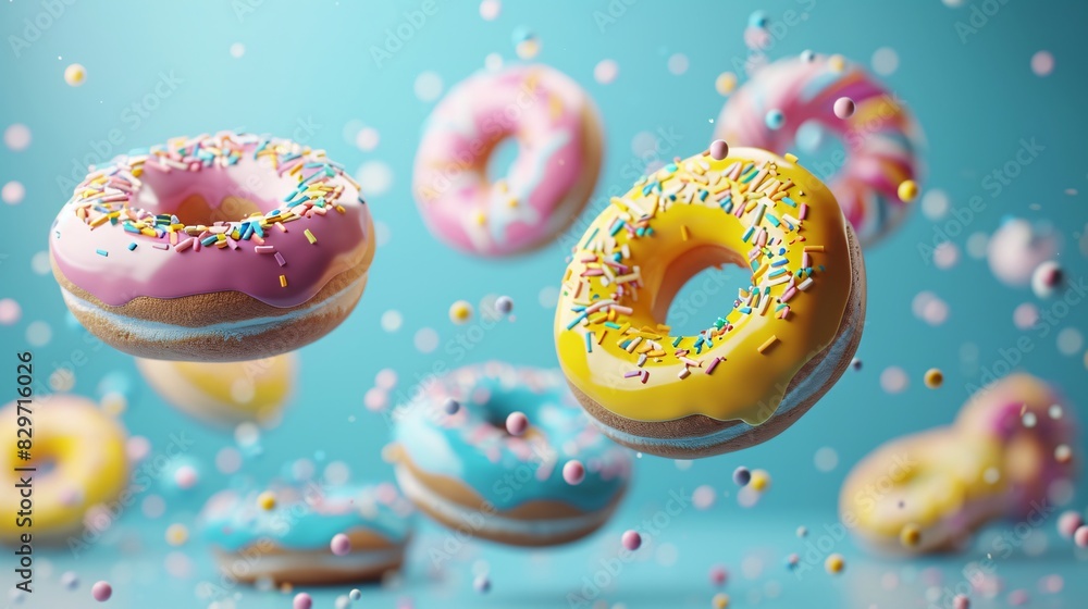 Colorful donuts with sprinkles floating against a pastel blue background, creating a whimsical and fun scene perfect for various uses. Colorful donuts with sprinkles floating against a pastel blue background, creating a whimsical and fun scene perfect for various uses.