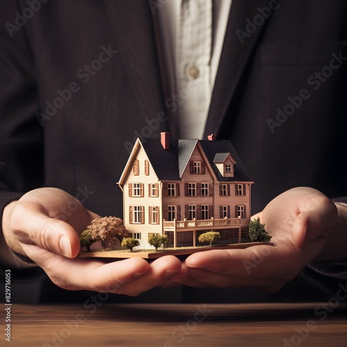 A hand holding a small house model. Home business investments. Generative AI.