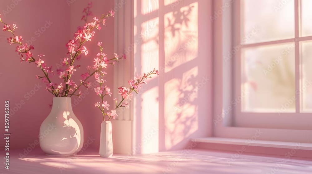 Soft pink hues and gentle light from a window create a serene floral setting with a delicate blossom arrangement. Generative Ai Soft pink hues and gentle light from a window create a serene floral setting with a delicate blossom arrangement. Generative Ai