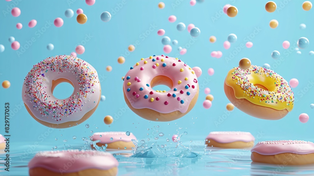 Three colorful donuts with sprinkles and frosting float surrounded by candy over a blue background, creating a playful and delicious scene.