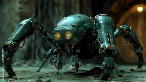 A futuristic, mechanical spider robot with glowing eyes and eight legs.