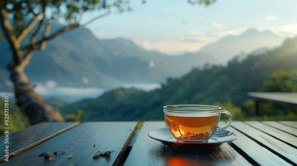 Cup of tea on a wooden table with a scenic mountain view and wildflowers creating a peaceful and relaxing outdoor setting. Generative Ai. Cup of tea on a wooden table with a scenic mountain view and wildflowers creating a peaceful and relaxing outdoor setting. Generative Ai.