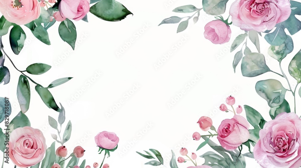 Rose flower with eucalyptus around the corner isolated on the white background. Botanical background concept with copy space