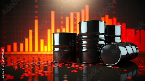 Oil petroleum drums barrels with red graph lines in the background reflection price hike up inflation business stock market