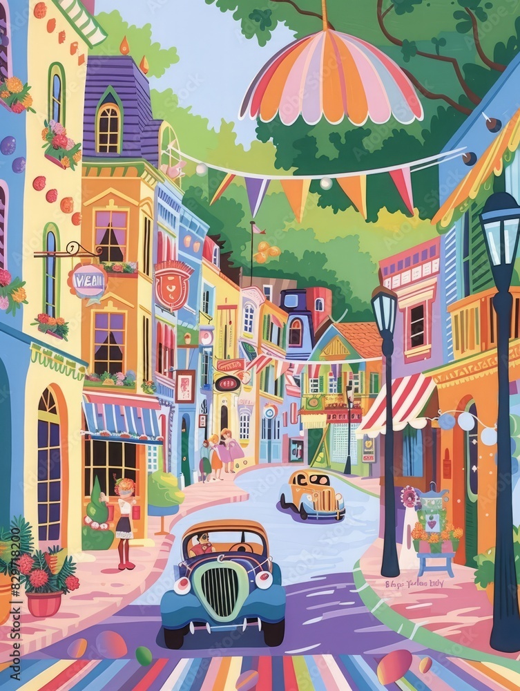 Whimsical Vintage Car on Cartoon Street with Characters Celebrating New Year’s Day