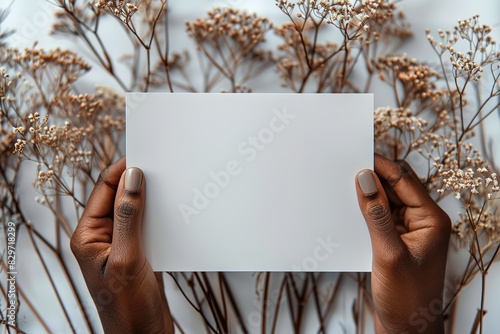 Hands holding a blank card with dry plants in the background.