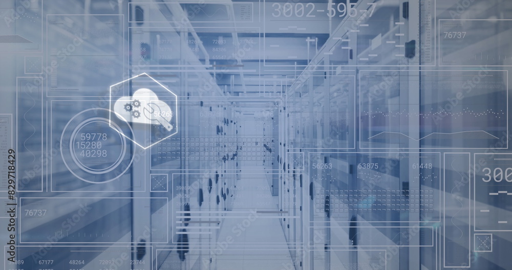 Image of network of digital icons and data processing over servers Image of network of digital icons and data processing over servers